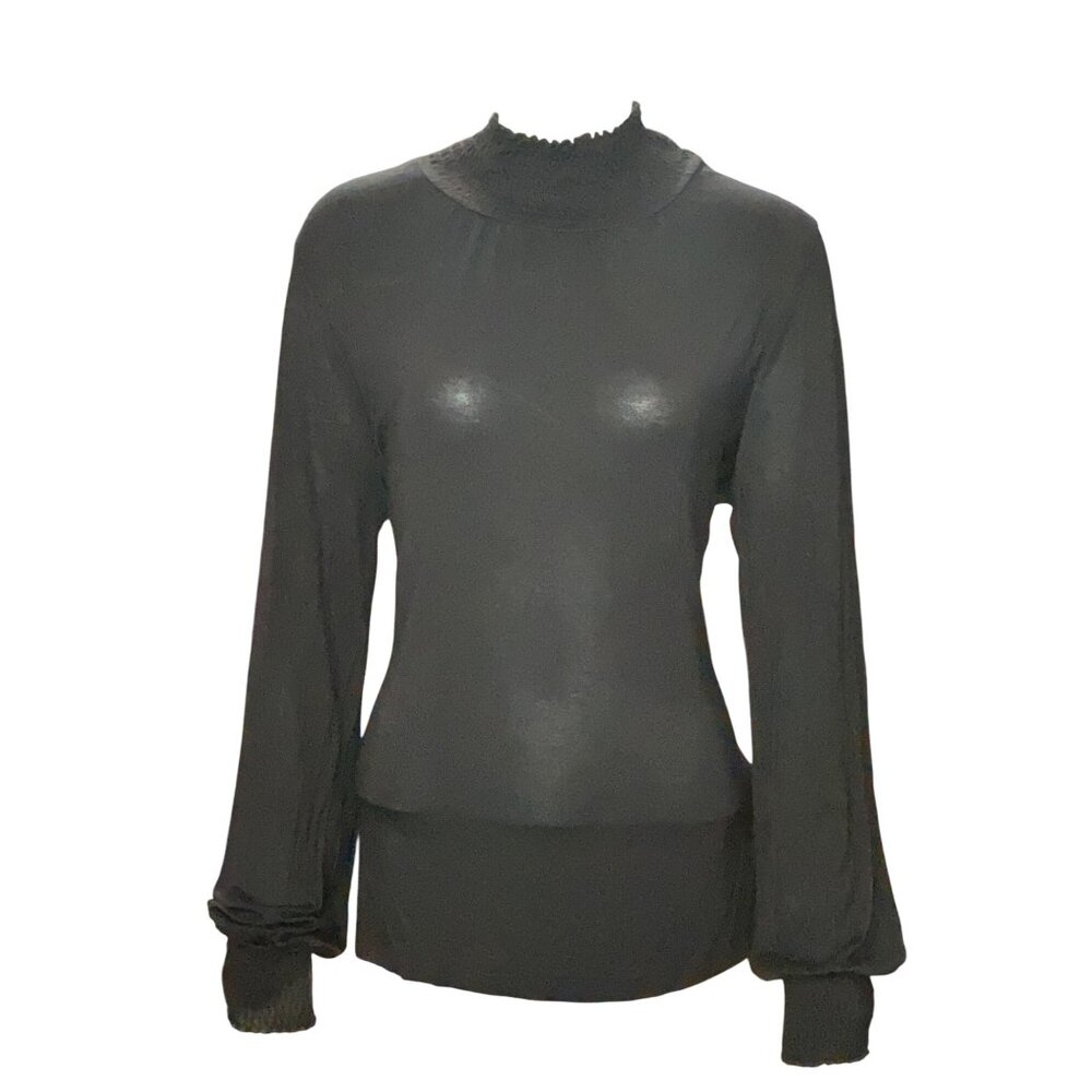 August Silk Size L Black Sheer Smocked Mock Neck Top Noircore Glamcore Eventwear - Picture 2 of 11